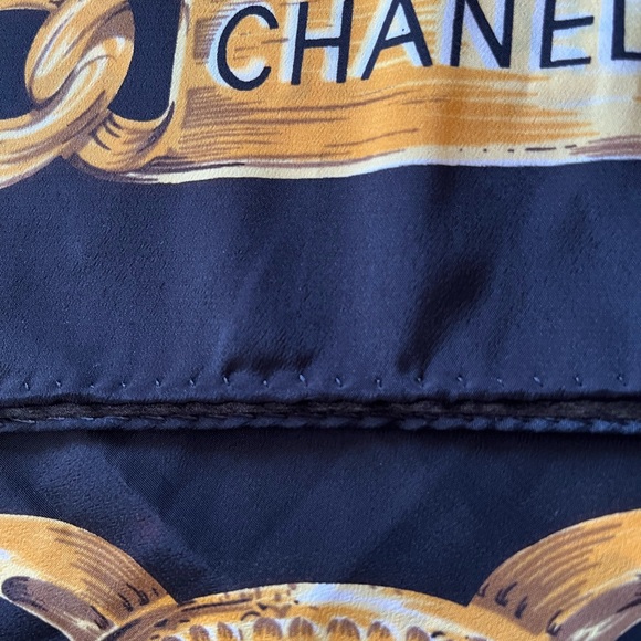 Chanel Scarf Silk Black Gold Chain link Gold Coin Logo - Picture 5 of 7